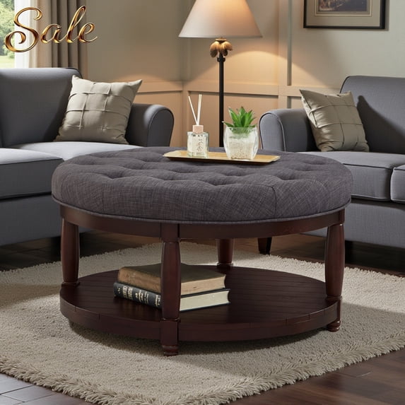 GZXS 2-Tier Round Tufted Ottoman with Storage Shelf, 32.5" Circle Coffee Tea Table w/ Solid Wood Frame & Linen Upholstery Top, Quick Assembly, Dark Gray