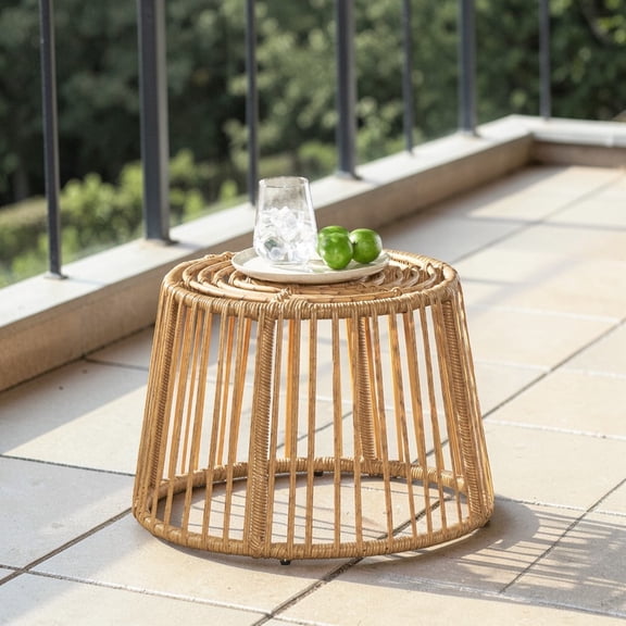 GZXS 20.25" Round Boho Rattan Side Table in Woven Cage Design, No Assembly Required, Light Brown