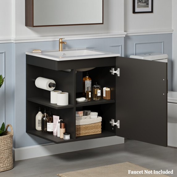 GZXS 20" Bathroom Vanity with Sink, Wall-Mounted Single Basin Vanity Set with Soft-Closing Door & Two-Tier Left Side Open Shelf, Storage Cabinet with Ceramic Basin for Bathroom, Black