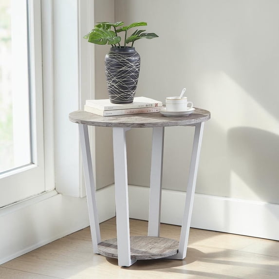 GZXS 20" Round End Table with Lower Storage Shelf, Modern MDF Side Table/Nightstand, Versatile for Living Room/Bedroom, Gray & White