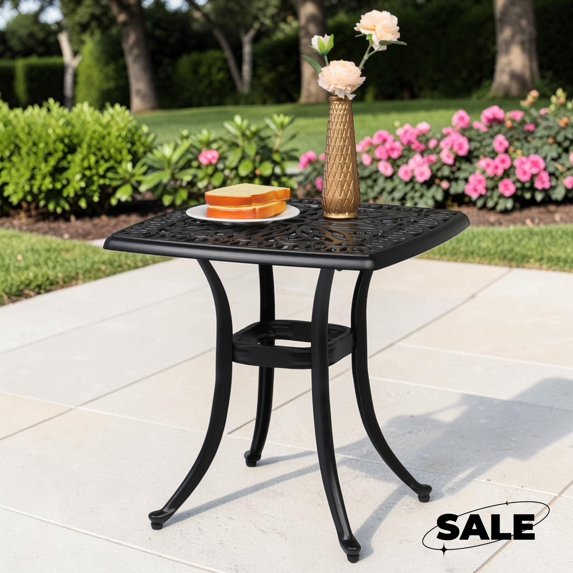 GZXS 21.3" Outdoor Side Table, Cast Aluminum End Table with 1.6" Umbrella Hole, Small Square Bistro Table for Porch, Patio, Balcony, Backyard, Black