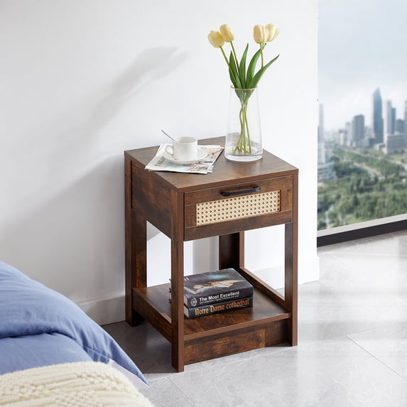GZXS 21.6" H Wood Nightstand, Mid-Century Modern End Table with Storage Drawer and Open Shelf Rattan Bedside Table Small Side Table for Living Room Bedroom, Brown