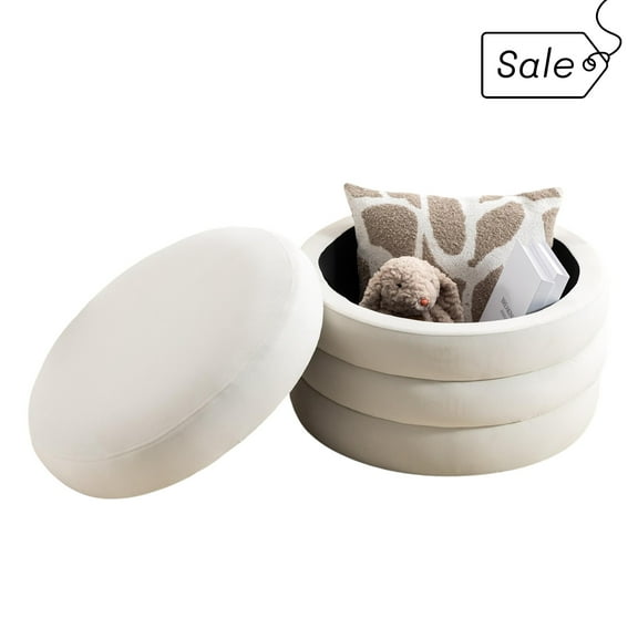 GZXS 22.4" Upholstered Velvet Ottoman in Ivory, Round Footrest Stool with Hidden Storage & Reversible Tray Lid, No-Assembly