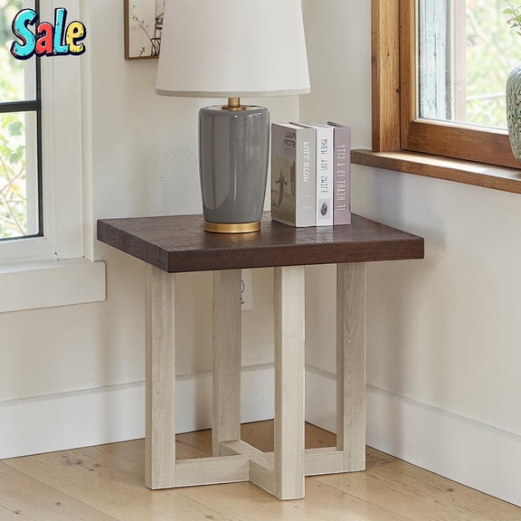 GZXS 22-Inch Square MDF End Table with Sturdy Intersecting Engineered Wood Base, Minimalist Compact Accent Table for Sofa Corner Small Space, Walnut and White
