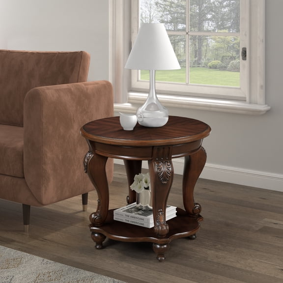 GZXS 22" Retro Round End Table in Cherry, 2-Tier Wood Side Table w/ Open Shelf for Living Room, Bedroom or Corner
