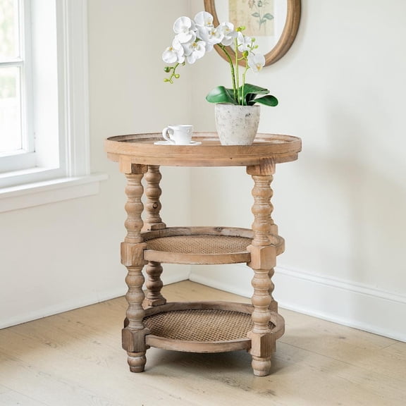 GZXS 23.5" Round Wood Side Table, Rustic Farmhouse 3-Tier Storage End Table with Open Rattan Shelves and Turned Legs for Living Room/Bedroom/Entryway, Brown