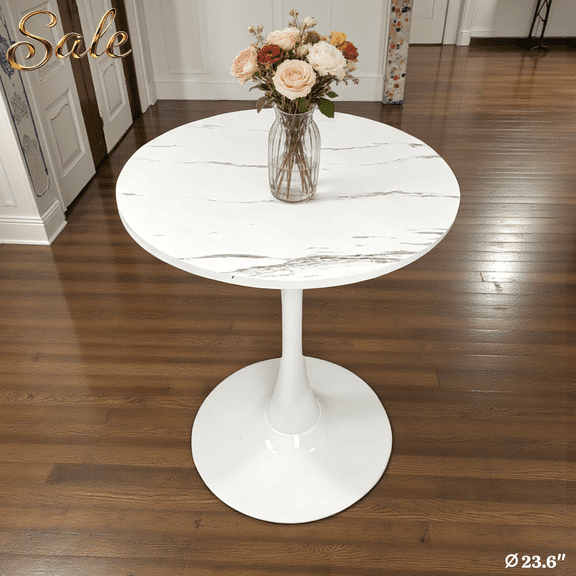 GZXS 23.6-Inch Round Dining Table with Metal Pedestal Base, Modern White Marbling MDF Kitchen Table, Small Space Bistro Table for Apartment, Kitchen or Living Room