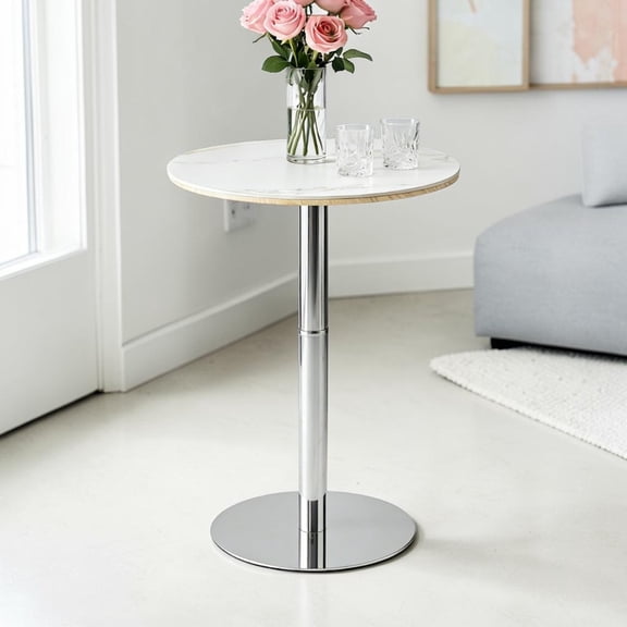 GZXS 23.6" Round Pub Table with White Marbling Sintered Stone Top, Compact Counter Height Bar Table with Silver Steel Base, Modern Bistro Table for Kitchen, Dining, Party