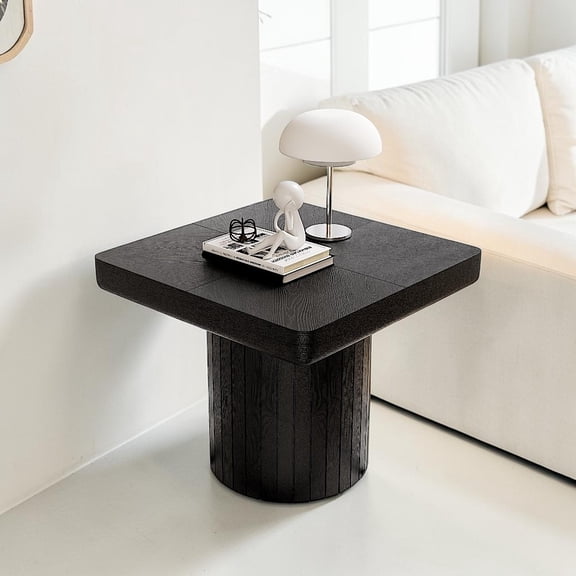 GZXS 23.6" Square Accent End Table with Artistic Parquet Wood Top, Rounded Edges and Grooved Cylindrical Base, for Living Room, Home Corner, Black