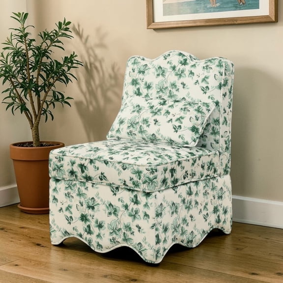 GZXS 23.62"W Upholstered Flannel Dining Side Chair in Floral Design, Transitional Farmhouse Armless Chair with Skirted Base, Matching Lumbar Pillow, Easy Assembly (Green)