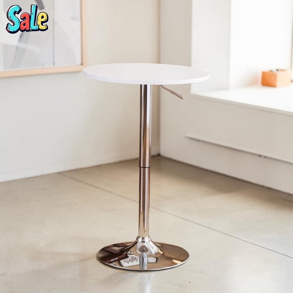 GZXS 24" Round Pub Table Height-Adjustable with Gas Lift Mechanism, White MDF Top and Chrome Pedestal Base, Space-Saving Bar Table for Kitchen, Bistro, Apartment