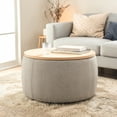 thumbnail image 1 of GZXS 25.5-Inch Storage Ottoman with Lid, Modern Linen Fabric Round Upholstered Footstool or Side Table, for Bedroom, Living Room, Home Office, Light Gray, 1 of 10