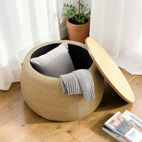 GZXS 25.5" Round Ottoman with Flip-Top Lid and Hidden Storage Compartment, Handmade Plastic Rattan Footrest/End Table, No Assembly, Natural