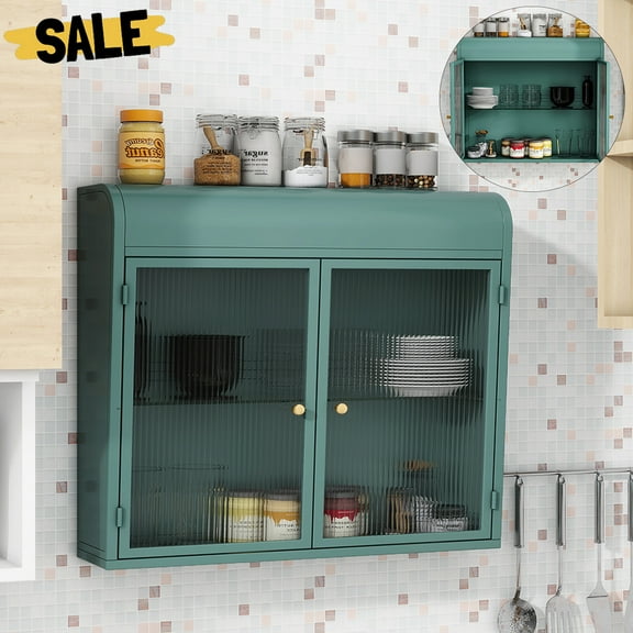 GZXS 27.55" Wall-Mounted Metal Cabinet with Fluted Tempered Glass Doors, 2-Door Storage Cabinet with Removable Glass Shelf, for Bathroom, Kitchen, Home Office (Army Green)
