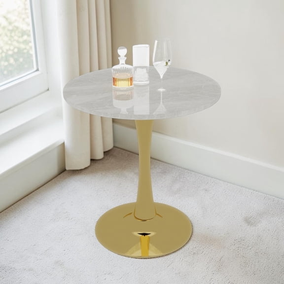 GZXS 27.56 Inch Round Dining Table, Mid-Century Modern Leisure Table with White Veined Sintered Stone Top & Gold Iron Pedestal Base, for Small Space/Kitchen/Dining Room, Easy Maintenance & Assembly