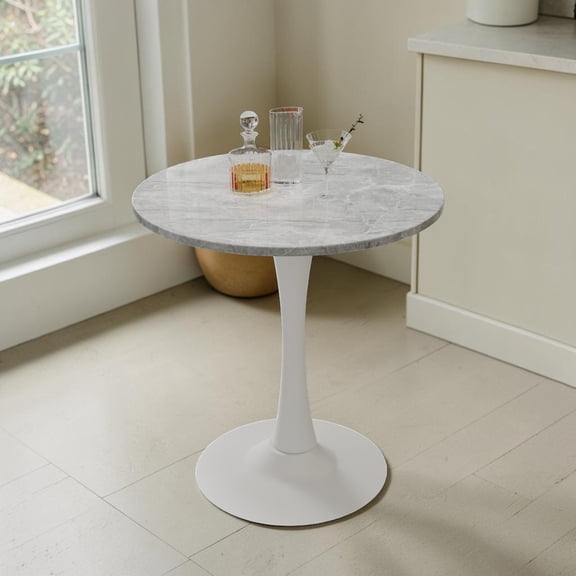 GZXS 27.56" Round Dining Table with Sintered Stone Top in Light Gray Marbling, Modern Compact Kitchen Table with White Iron Pedestal Base for Small Spaces, Dining Room or Balcony