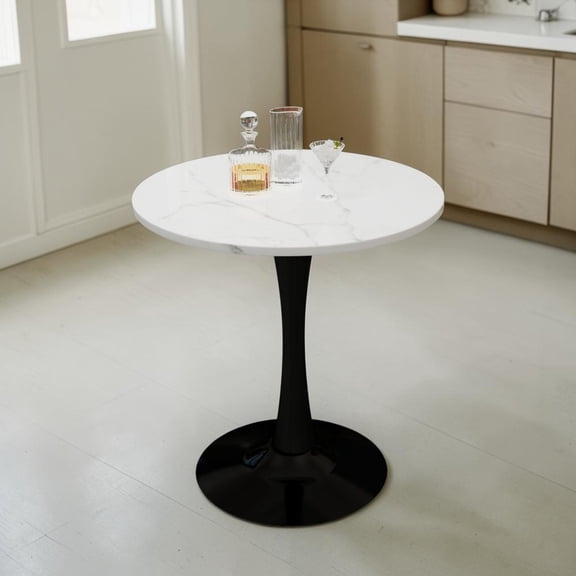 GZXS 27.56" Round Dining Table with White Marbling Sintered Stone Tabletop and Black Pedestal Base, Mid-Century Accent Table for Kitchen, Café & Dining Room