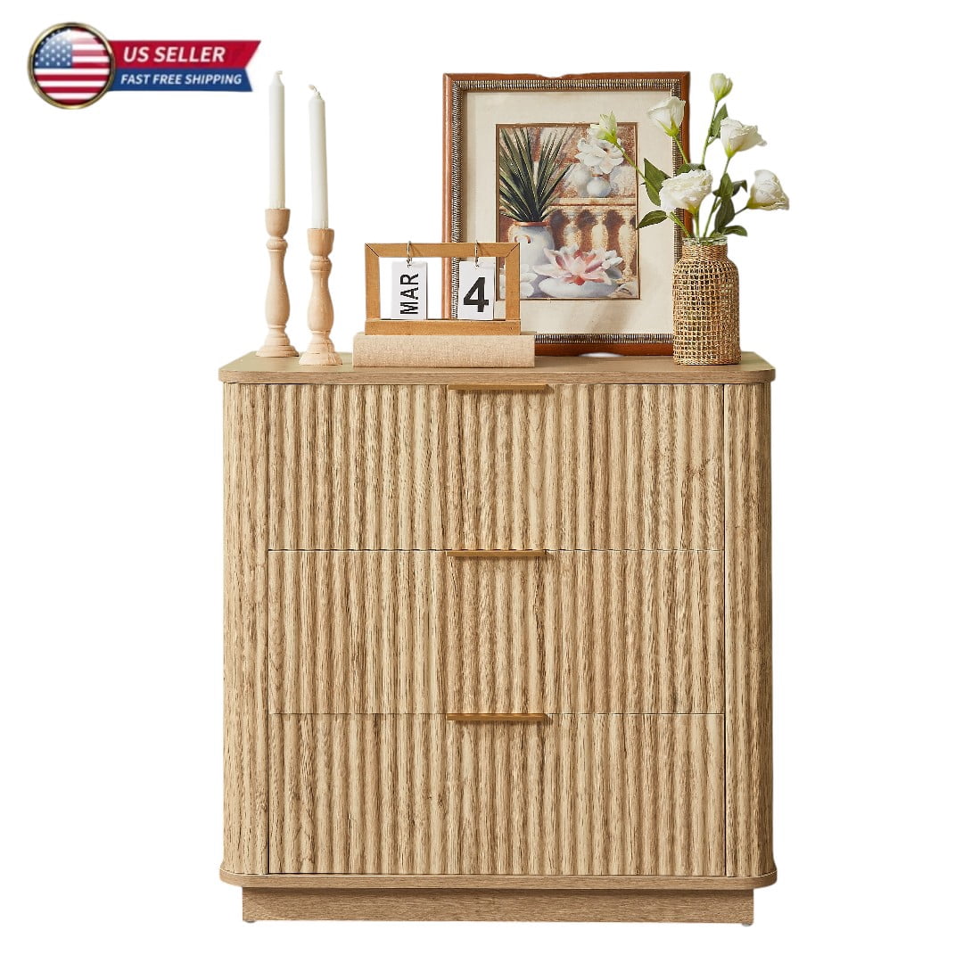 GZXS 27.6" Wide 3-Drawer Nightstand, Contemporary Fluted Wooden Dresser, Easy Assembly for Small Spaces - Oak Finish