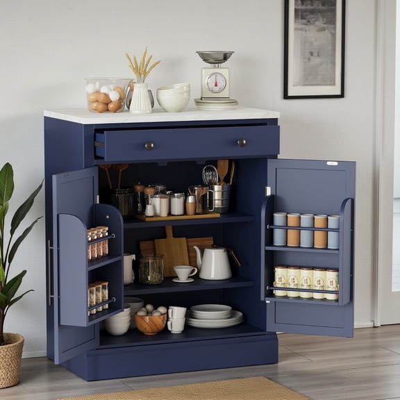 GZXS 28.7" Floor Standing Pantry Cabinet with Drawer and Door Shelves, Modern Buffet Food Storage Cabinet with Faux Marble Top for Kitchen, Dining Room or Coffee Bar (Blue)