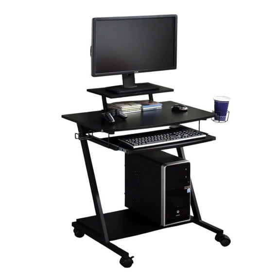 GZXS 28" Mobile Computer Desk with Wheels, Raised Monitor Shelf, Keyboard Tray, Cup Holder and Headphone Hook, for Bedroom, Small Space, Black
