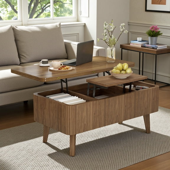 GZXS 3 in 1 Lift Top Fluted Coffee Table with Hidden Storage, Hydraulic Lift & Expandable Top, Modern Convertible Center Table for Living Room, Apartment (Walnut)