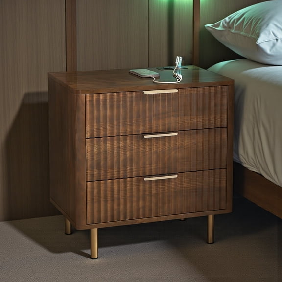 GZXS 3-Drawer Nightstand with Charging Station and Voice-Controlled Night Light, MDF Fluted Bedside Table with 1 AC Outlet + 2 USB Ports, 22.83"L x 15.35"W x 23.62"H, Dark Wood