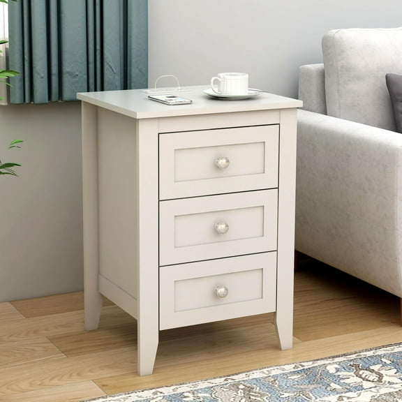 GZXS 3-Drawer Nightstand with USB & AC Outlets, White Wooden Bedside Table with Storage, Modern End Table for Bedroom, Dorm, Home Office, 18.11"L x 15.55"W x 25.98"H
