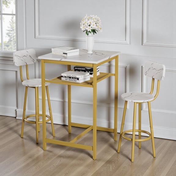 GZXS 3-Piece Bar Table and Chairs Set, 23.6" Square Pub Table with Storage Shelf, Modern Faux Marble Kitchen Dining Set for 2, Space Saving Design for Compact Area, Small Apartment (White+Gold)