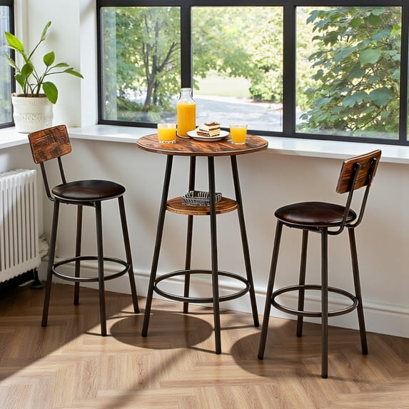 GZXS 3-Piece Bar Table Set with Backrest Stools for 2, 24" Round Counter Height Table with Storage Shelf, Modern PU Leather Bistro Pubstools for Breakfast Nook & Small Apartment (Brown and Black)