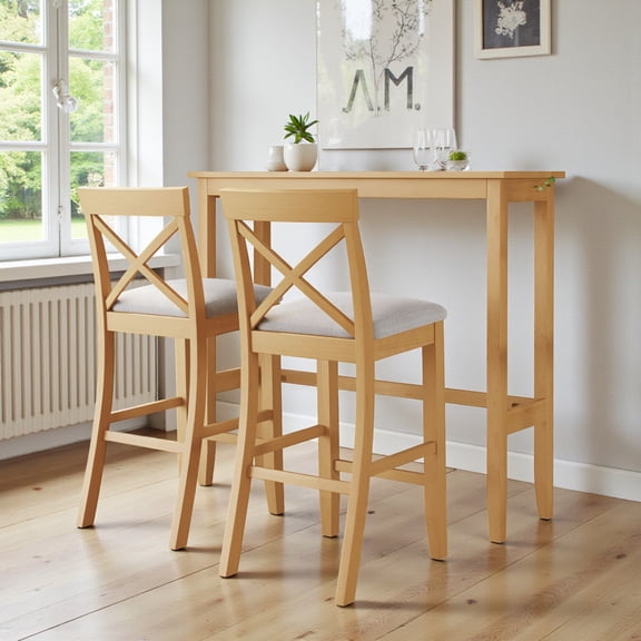 GZXS 3-Piece Breakfast Nook Set in Natural Finish, 47.5" Farmhouse Bar Table with 2 Linen Padded Stools, Solid Acacia Wood Frame, Space-Saving Design for Dining Room/Kitchen