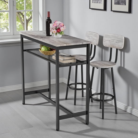 GZXS 3 Piece Dining Set, Modern Bar Table and Stools for 2, Kitchen Counter Height Pub Table Set with Storage Shelf, Breakfast Nook Set for Compact Area, Gray+Black