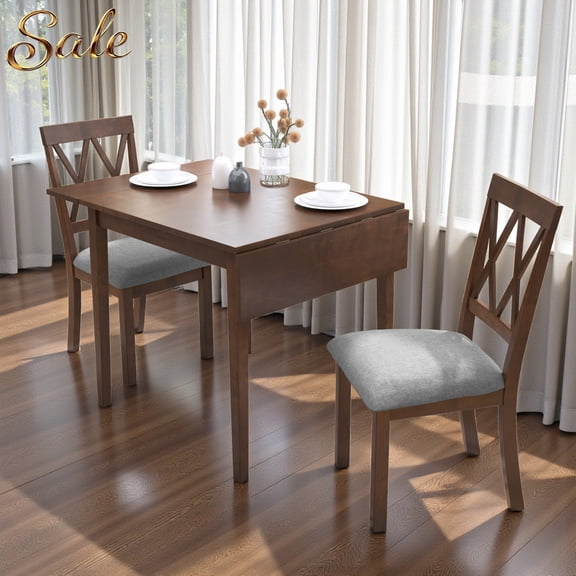 GZXS 3-Piece Drop Leaf Dining Table Set with 2 Upholstered Chairs, Extendable Folding Kitchen Table w/ Solid Rubberwood Legs, Space-Saving Dining Set for Small Spaces (Brown)