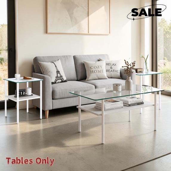GZXS 3 Piece Living Room Table Set, Glass Coffee Table and 2 End Tables, Accent Table with Shelf and Metal Legs for Home Office, Clear & White