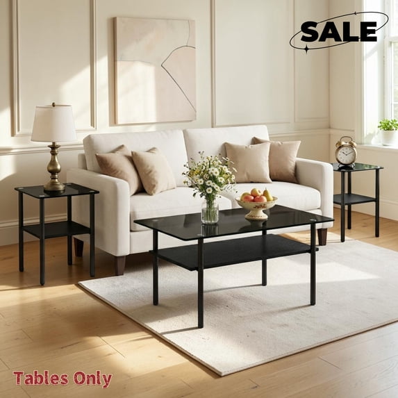 GZXS 3 Piece Living Room Table Set, Modern Tempered Glass Coffee Table Set with Shelf & Metal Legs, Easy Assembly, Black