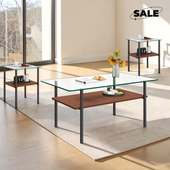 GZXS 3-Piece Modern Living Room Table Set with Glass Top and Metal Legs, 2-Tier Rectangle Coffee Table & 2 End Tables with Shelf for Small Space, Clear & Black