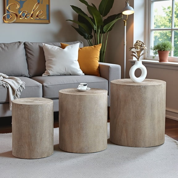 GZXS 3-Piece Nesting Tables Set in Rustic Wood Finish - Farmhouse Accent Cylindrical Tables for Living Room, as Plant Stands or Side Tables