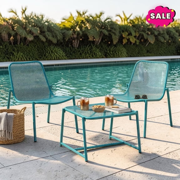 GZXS 3-Piece Outdoor Metal Conversation Set, Patio Bistro Set for Garden, Balcony, Backyard, Poolside, Easy Assembly, Teal