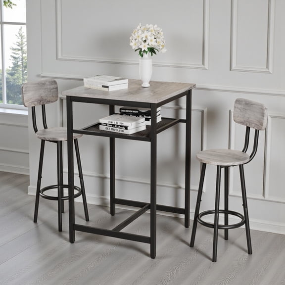 GZXS 3-Piece Pub Dining Table Set for 2, Counter Height Kitchen Bar Table with Storage Mesh Shelf & 2 Round Stools w/ Backrest and Footrest, for Home Bar, Small Space, Gray+Black