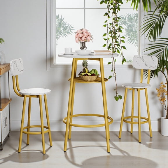GZXS 3-Pieces Round Bar Table Set, Small Breakfast Table with Storage Shelf, Modern Kitchen Bar Table, 2 Stools with Backrest for Kitchen, Dining Room & Bistro - White+Gold