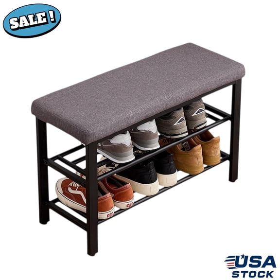 GZXS 3-Tier Shoe Rack Bench with Gray Linen Cushioned Seat and Metal Frame, 31.5"L Shoes Organizer for Entrance, Living Room, Hallway, Small Space