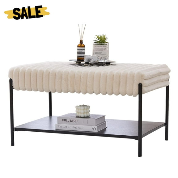 GZXS 30.7" Faux Fur Upholstered Ottoman with Metal Legs & Wood Open Shelf, Modern Coffee Table Footrest Stool for Living Room/Bedroom/Entryway, Easy to Assemble, Beige