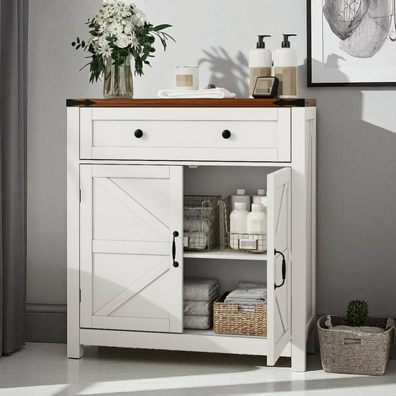 GZXS 30" Farmhouse Kitchen Cabinet with Barn Doors, Storage Drawer, Adjustable Shelf & Metal Handles, Multifunctional Buffet Sideboard for Coffee Bar, Living Room, Entryway (White)