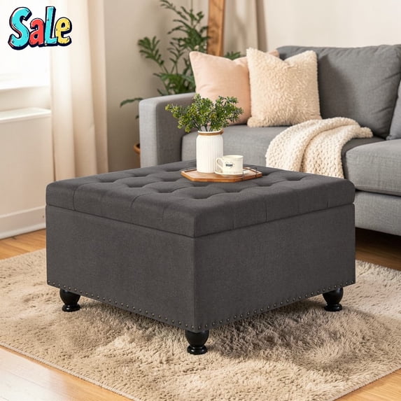 GZXS 30" Square Upholstered Storage Ottoman with Button-Tufted Lid & Spindle Wood Legs - 300 lbs Capacity, Linen Fabric, Dark Gray