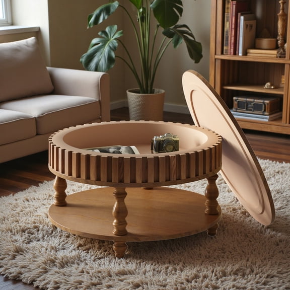 GZXS 31.49" Flip-Top Coffee Table with Hidden Storage & Open Shelf, Farmhouse 2-Tier Round Fluted Center Table with Solid Wood Legs for Living Room (Rustic Brown)