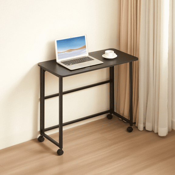 GZXS 31.5" Folding Computer Desk for Small Spaces, Portable Rolling Writing Desk with 4 Wheels & Metal Frame, No Assembly Home Office Desk for Bedroom, Living Room, Black