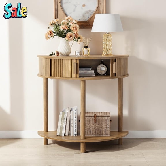 GZXS 31.5" Half-Moon Console Table, Modern Farmhouse Fluted Curved Entryway Table with Sliding Doors & Open Shelf & Solid Wood Legs Walnut