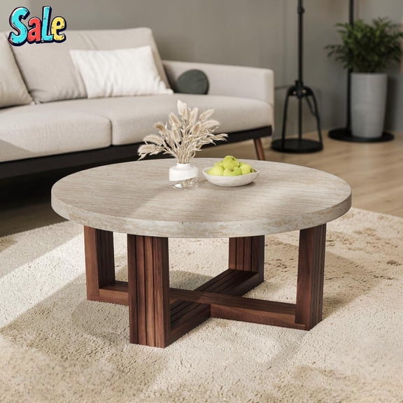GZXS 31.5 Inch Round Coffee Table, Modern Farmhouse Circle MDF Center Table w/ Marbling Textured Top & Brown Cross Base, Multi-Functional Accent Table for Living Room, Reception Room, Home Office