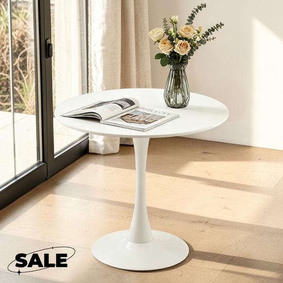 GZXS 31.5 Inch Round Dining Table, Modern Tulip Bistro Table with Pedestal Base, Small Kitchen Table, White