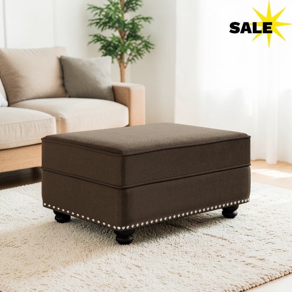 GZXS 31.5 Inch Upholstered Ottoman in Brown Velvet, Multi-Purpose Seat Foot Stool with Solid Rubberwood Frame, for Living Room/Bedroom/Entryway, Brown