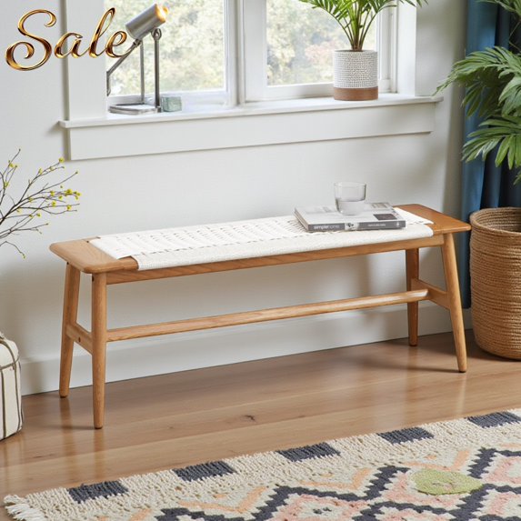 GZXS 31.5" L Wooden Dining Bench, Natural Solid Oak Wood Small Bed Bench w/ Handwoven Cane Seat, for Dining Room, Bedroom, Kitchen, Bench (White)